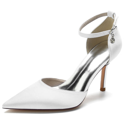 Chaussures de Soirée à Talon Aiguille et Bout Fermé En Satin de Soie pour Femmes avec Bride à la Cheville