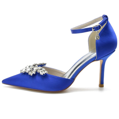 Chaussures de Mariage à Talon Aiguille et Bout Fermé En Satin de Soie pour Femmes avec Bride à la Cheville et Strass