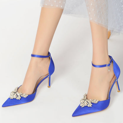 Chaussures de Mariage à Talon Aiguille et Bout Fermé En Satin de Soie pour Femmes avec Bride à la Cheville et Strass