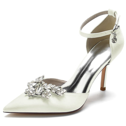 Chaussures de Mariage à Talon Aiguille et Bout Fermé En Satin de Soie pour Femmes avec Bride à la Cheville et Strass
