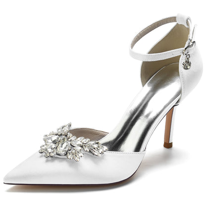 Chaussures de Mariage à Talon Aiguille et Bout Fermé En Satin de Soie pour Femmes avec Bride à la Cheville et Strass