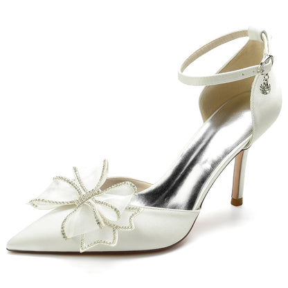 Chaussures de Soirée à Talon Aiguille et Bout Fermé En Satin de Soie pour Femmes avec Bride à la Cheville et Nœud Papillon