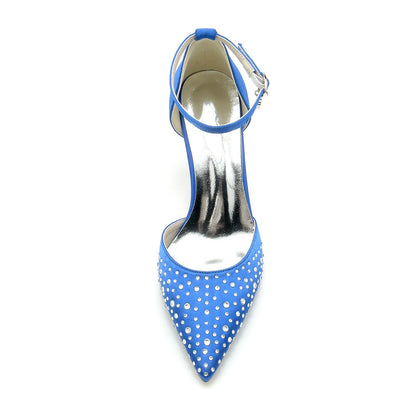 Chaussures de Mariage à Talon Aiguille et Bride à la Cheville En Satin de Soie pour Femmes avec Strass et Bout Fermé