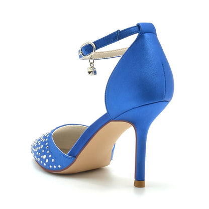 Chaussures de Mariage à Talon Aiguille et Bride à la Cheville En Satin de Soie pour Femmes avec Strass et Bout Fermé