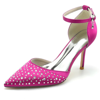 Chaussures de Mariage à Talon Aiguille et Bride à la Cheville En Satin de Soie pour Femmes avec Strass et Bout Fermé