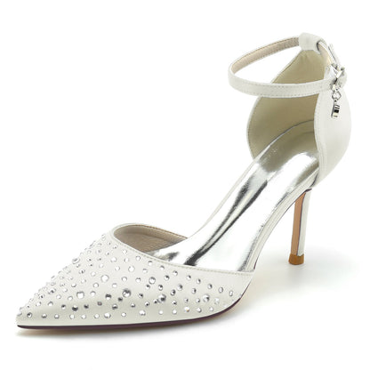 Chaussures de Mariage à Talon Aiguille et Bride à la Cheville En Satin de Soie pour Femmes avec Strass et Bout Fermé