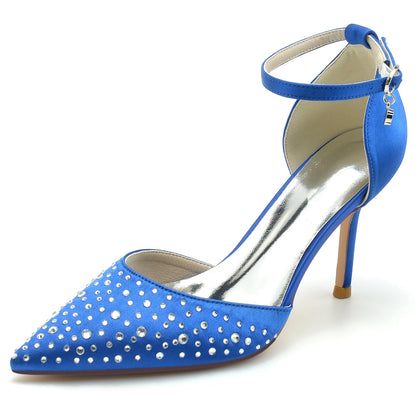 Chaussures de Mariage à Talon Aiguille et Bride à la Cheville En Satin de Soie pour Femmes avec Strass et Bout Fermé