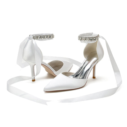 Chaussures de Soirée à Talon Aiguille et Bout Fermé En Satin de Soie pour Femmes avec Bride à la Cheville et Lacets avec Perles et Strass