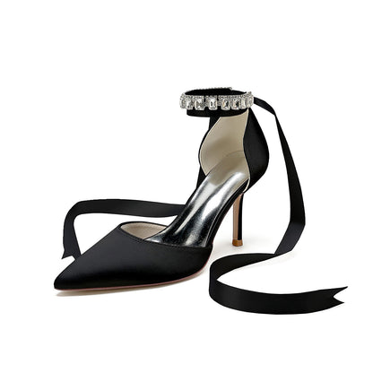 Chaussures de Soirée à Talon Aiguille et Bout Fermé En Satin de Soie pour Femmes avec Bride à la Cheville et Lacets avec Perles et Strass