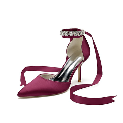 Chaussures de Soirée à Talon Aiguille et Bout Fermé En Satin de Soie pour Femmes avec Bride à la Cheville et Lacets avec Perles et Strass