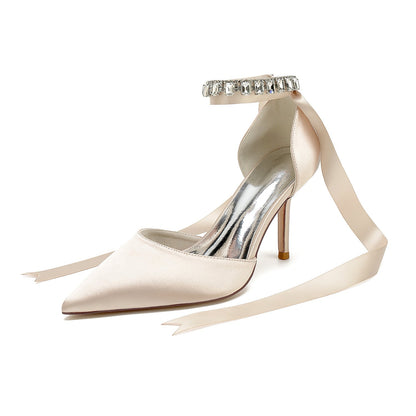 Chaussures de Soirée à Talon Aiguille et Bout Fermé En Satin de Soie pour Femmes avec Bride à la Cheville et Lacets avec Perles et Strass