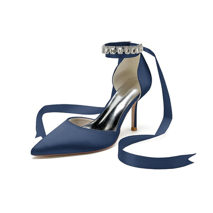 Chaussures de Soirée à Talon Aiguille et Bout Fermé En Satin de Soie pour Femmes avec Bride à la Cheville et Lacets avec Perles et Strass