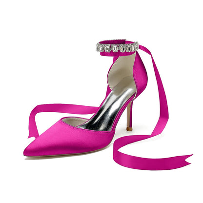 Chaussures de Soirée à Talon Aiguille et Bout Fermé En Satin de Soie pour Femmes avec Bride à la Cheville et Lacets avec Perles et Strass