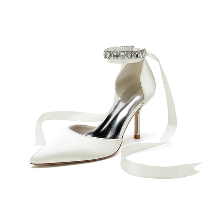Chaussures de Soirée à Talon Aiguille et Bout Fermé En Satin de Soie pour Femmes avec Bride à la Cheville et Lacets avec Perles et Strass
