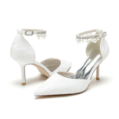 Chaussures de Mariage à Talon Aiguille et Bout Fermé En Dentelle et Satin de Soie pour Femmes avec Bride à la Cheville et Perles et Strass