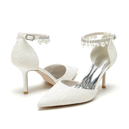 Chaussures de Mariage à Talon Aiguille et Bout Fermé En Dentelle et Satin de Soie pour Femmes avec Bride à la Cheville et Perles et Strass