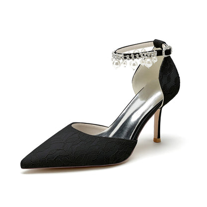 Chaussures de Mariage à Talon Aiguille et Bout Fermé En Dentelle et Satin de Soie pour Femmes avec Bride à la Cheville et Perles et Strass