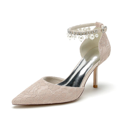 Chaussures de Mariage à Talon Aiguille et Bout Fermé En Dentelle et Satin de Soie pour Femmes avec Bride à la Cheville et Perles et Strass