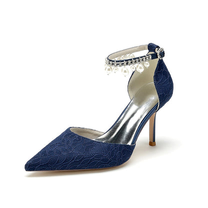 Chaussures de Mariage à Talon Aiguille et Bout Fermé En Dentelle et Satin de Soie pour Femmes avec Bride à la Cheville et Perles et Strass