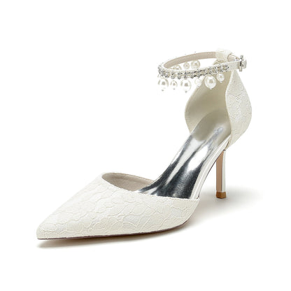 Chaussures de Mariage à Talon Aiguille et Bout Fermé En Dentelle et Satin de Soie pour Femmes avec Bride à la Cheville et Perles et Strass