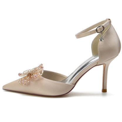 Chaussures de Mariage à Talon Aiguille et Bout Fermé En Satin de Soie pour Femmes avec Bride à la Cheville et Nœud Papillon