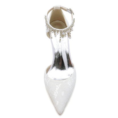 Chaussures de Mariage à Talon Aiguille et Bout Fermé En Dentelle avec Bride à la Cheville et Pompon pour Femmes