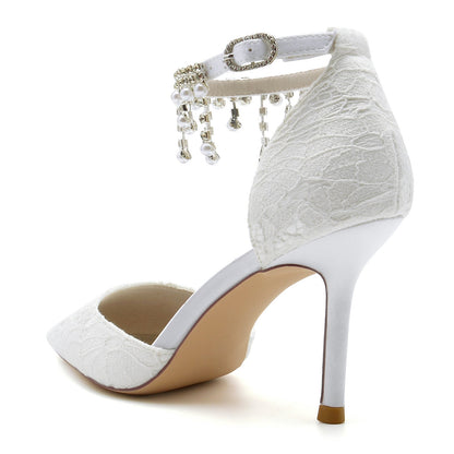 Chaussures de Mariage à Talon Aiguille et Bout Fermé En Dentelle avec Bride à la Cheville et Pompon pour Femmes