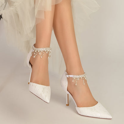 Chaussures de Mariage à Talon Aiguille et Bout Fermé En Dentelle avec Bride à la Cheville et Pompon pour Femmes