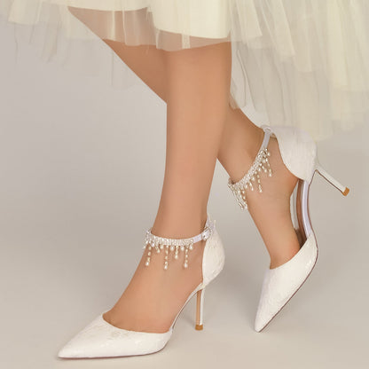Chaussures de Mariage à Talon Aiguille et Bout Fermé En Dentelle avec Bride à la Cheville et Pompon pour Femmes