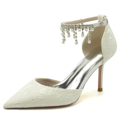 Chaussures de Mariage à Talon Aiguille et Bout Fermé En Dentelle avec Bride à la Cheville et Pompon pour Femmes