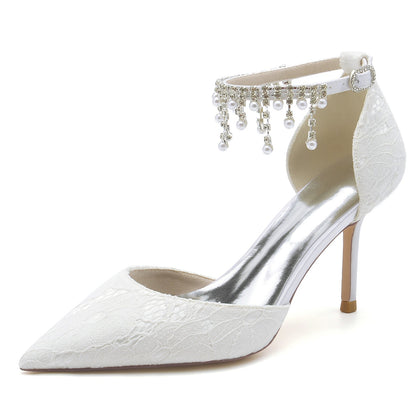 Chaussures de Mariage à Talon Aiguille et Bout Fermé En Dentelle avec Bride à la Cheville et Pompon pour Femmes