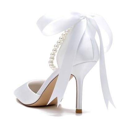 Chaussures de Mariage à Lacets et Talon Aiguille En Satin de Soie pour Femmes avec Bout Fermé et Bride à la Cheville et Perles