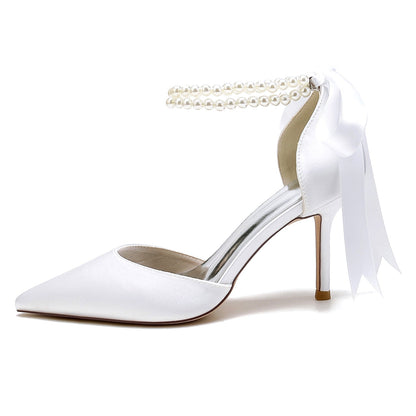 Chaussures de Mariage à Lacets et Talon Aiguille En Satin de Soie pour Femmes avec Bout Fermé et Bride à la Cheville et Perles