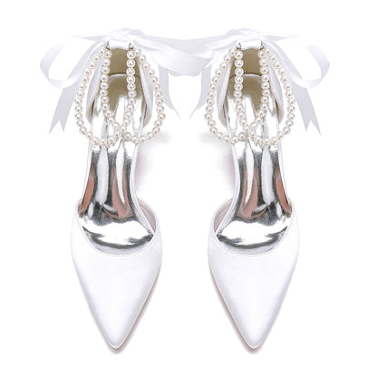 Chaussures de Mariage à Lacets et Talon Aiguille En Satin de Soie pour Femmes avec Bout Fermé et Bride à la Cheville et Perles
