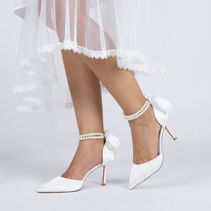 Chaussures de Mariage à Lacets et Talon Aiguille En Satin de Soie pour Femmes avec Bout Fermé et Bride à la Cheville et Perles