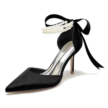 Chaussures de Mariage à Lacets et Talon Aiguille En Satin de Soie pour Femmes avec Bout Fermé et Bride à la Cheville et Perles