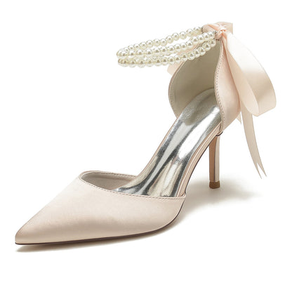 Chaussures de Mariage à Lacets et Talon Aiguille En Satin de Soie pour Femmes avec Bout Fermé et Bride à la Cheville et Perles
