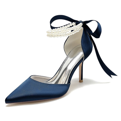 Chaussures de Mariage à Lacets et Talon Aiguille En Satin de Soie pour Femmes avec Bout Fermé et Bride à la Cheville et Perles
