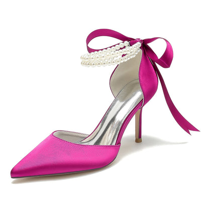 Chaussures de Mariage à Lacets et Talon Aiguille En Satin de Soie pour Femmes avec Bout Fermé et Bride à la Cheville et Perles