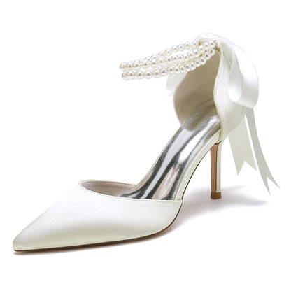 Chaussures de Mariage à Lacets et Talon Aiguille En Satin de Soie pour Femmes avec Bout Fermé et Bride à la Cheville et Perles