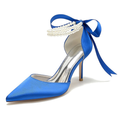 Chaussures de Mariage à Lacets et Talon Aiguille En Satin de Soie pour Femmes avec Bout Fermé et Bride à la Cheville et Perles