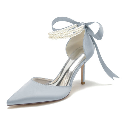 Chaussures de Mariage à Lacets et Talon Aiguille En Satin de Soie pour Femmes avec Bout Fermé et Bride à la Cheville et Perles