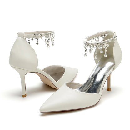 Chaussures de Soirée à Talon Aiguille et Bout Fermé En Pu pour Femmes avec Bride à la Cheville et Perles et Strass