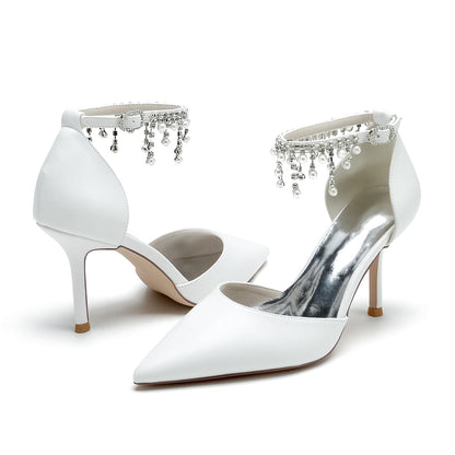 Chaussures de Soirée à Talon Aiguille et Bout Fermé En Pu pour Femmes avec Bride à la Cheville et Perles et Strass