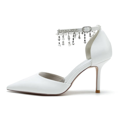 Chaussures de Soirée à Talon Aiguille et Bout Fermé En Pu pour Femmes avec Bride à la Cheville et Perles et Strass