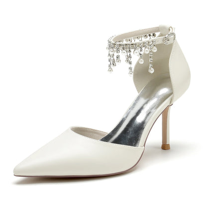 Chaussures de Soirée à Talon Aiguille et Bout Fermé En Pu pour Femmes avec Bride à la Cheville et Perles et Strass