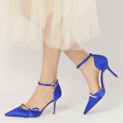 Chaussures de Soirée à Talon Aiguille et Bout Fermé En Satin de Soie avec Bride à la Cheville et Strass pour Femmes