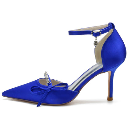 Chaussures de Soirée à Talon Aiguille et Bout Fermé En Satin de Soie avec Bride à la Cheville et Strass pour Femmes