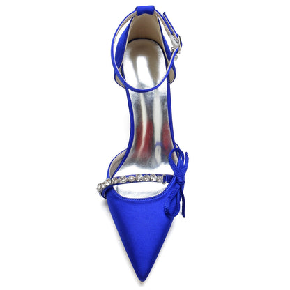 Chaussures de Soirée à Talon Aiguille et Bout Fermé En Satin de Soie avec Bride à la Cheville et Strass pour Femmes