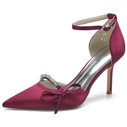 Chaussures de Soirée à Talon Aiguille et Bout Fermé En Satin de Soie avec Bride à la Cheville et Strass pour Femmes